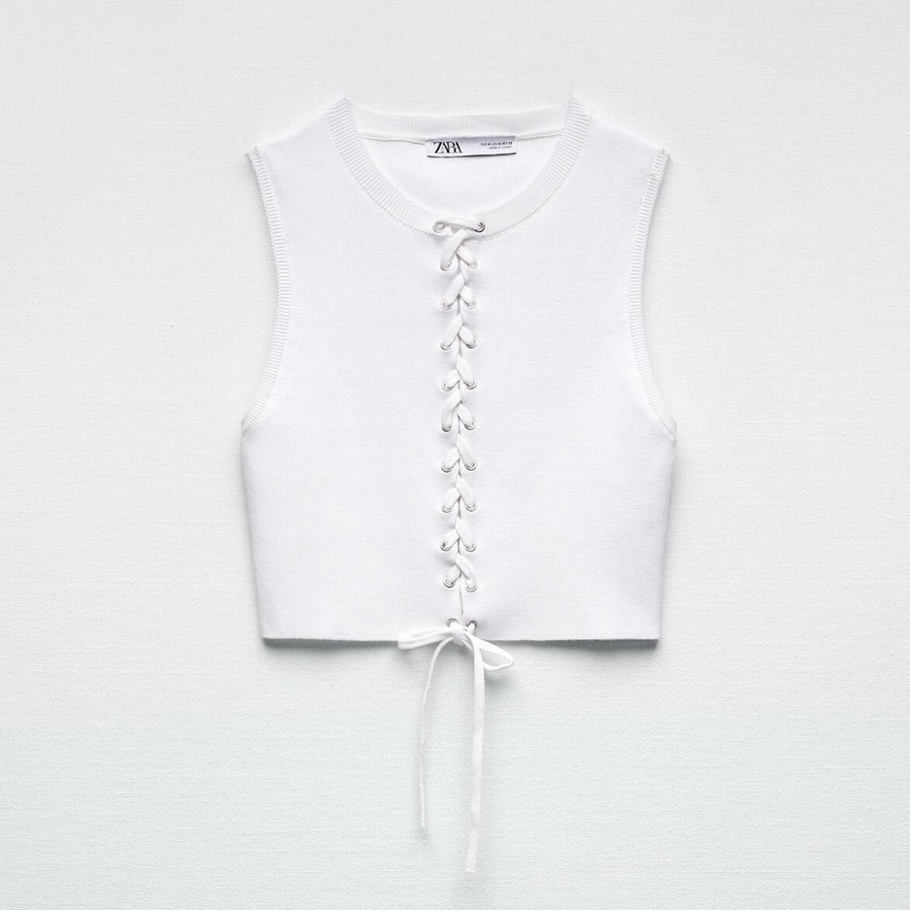 ZARA White Sleeveless Knitted Lace Up Crop lank Top Slim Fit - Size: Medium
